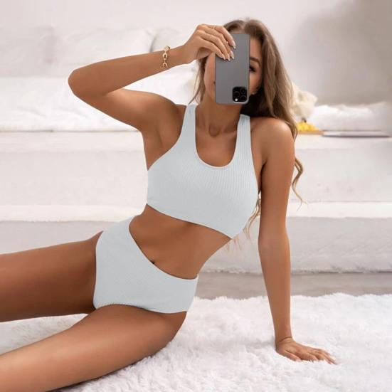 2Pcs/Set Women Bikini Set U-Neck Sleeveless Removable Padding Bra High Waist Swimming Trunks Set Ribbed