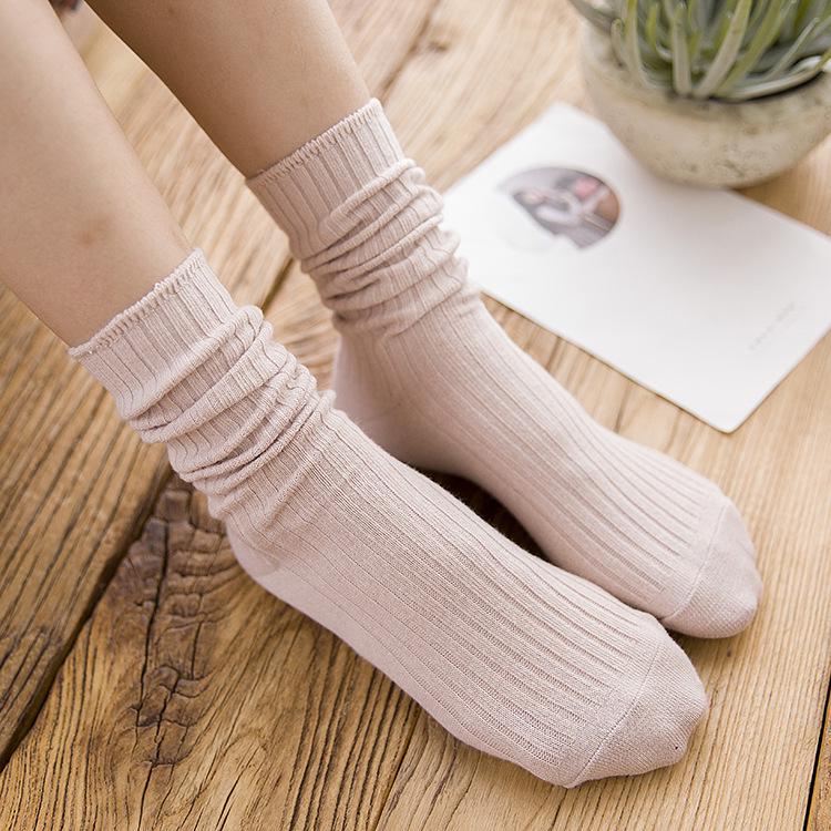 Women's Striped Double Needle Pile Socks: Pure Color, Long Cotton for Autumn/Winter, Trendy & Stylish.