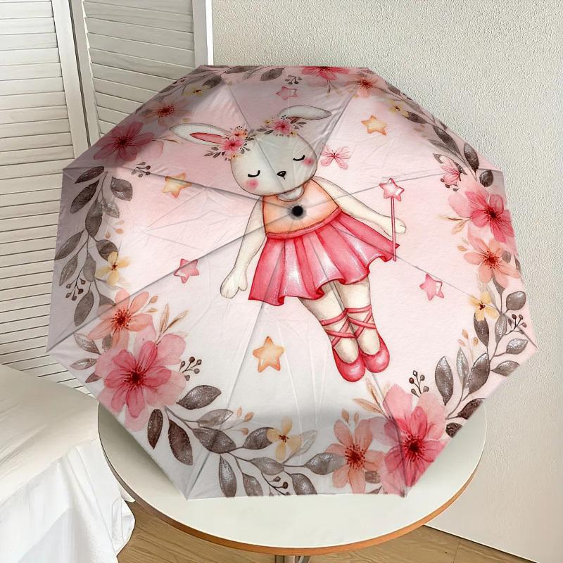 1pc rabbit ballerina Automatic Folding Umbrella, Heavy Duty 8 Rib Iron Frame,  Suitable for Travel, Daily Use, Birthday, Decor Gift m0104033