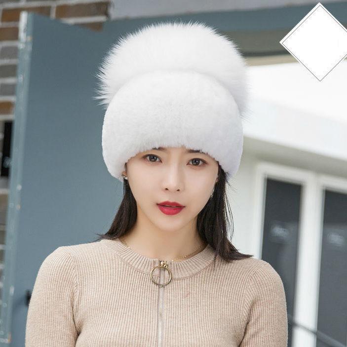 Winter Warm Women Cap Fox Fur and Rex Rebbit Fur Hat Good Elasticity
