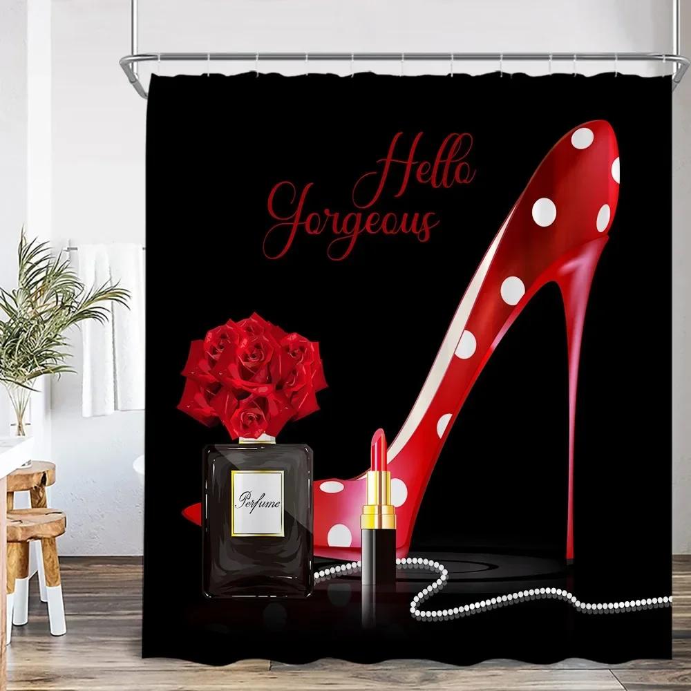 Pink perfume bottle shower curtain pink flower cosmetic pattern bathroom decoration modern fashion shower curtain with hook