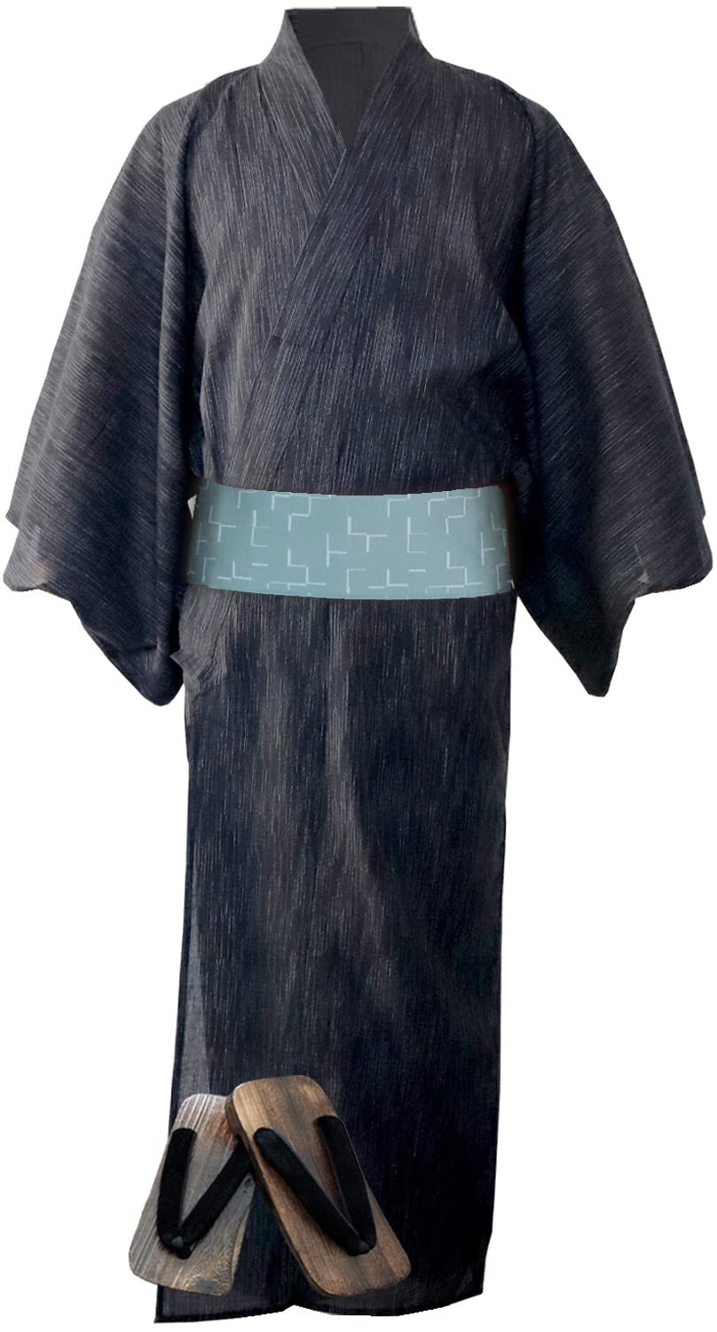 

IKS Yukata Set Paulownia Wood Easy to Solid Color 3 M Men s 3-Piece (Yukata, One-Touch Obi, Geta) - Dress, Simple, (No. Black, (160-170cm))