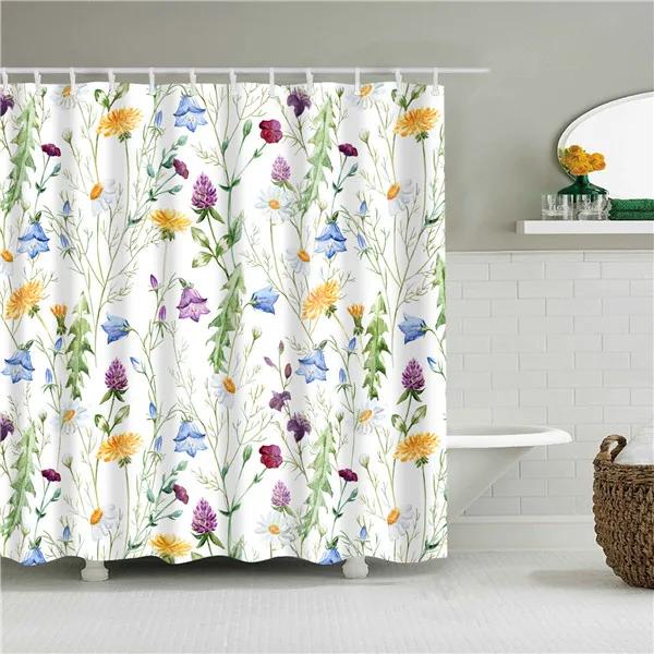 Flower Painting Printed Mildew Proof Polyester Shower Curtains Washable Waterproof Shower Curtains for Bathroom Home Decor