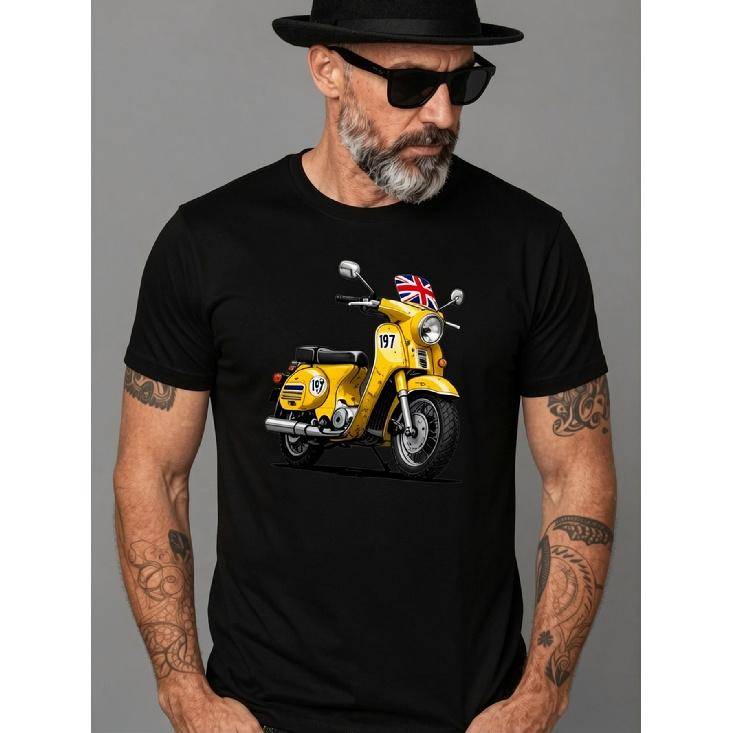 Men's British Scooter & Motorcycle T-Shirt - Retro Vintage Rider Design, Yellow Crew Neck Short Sleeve Cotton Tee Suitable for Casual Wear,