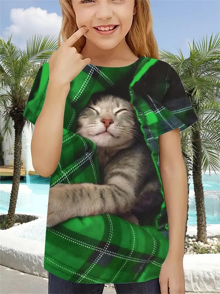 Fun Girl T-shirt Summer Short Sleeved Top Cartoon Animal Cat 3D Printing 2025 Girl Clothing