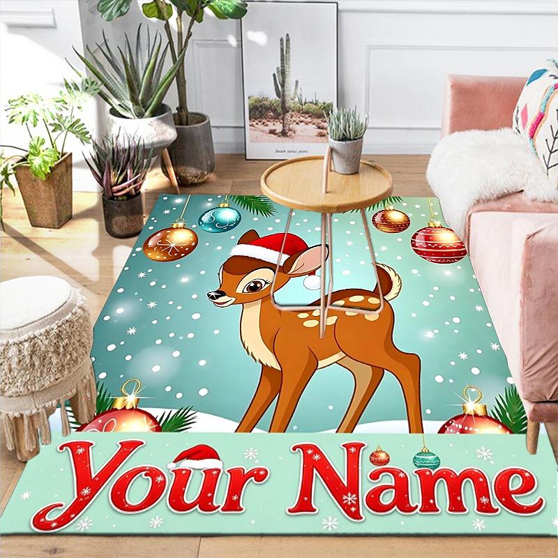 Custom 1Pc Winter Christmas Fawn Holiday Flannel Personalized Rug Non Slip Floor Mat Soft Carpet for Living Bedroom Office Home Decor Gift