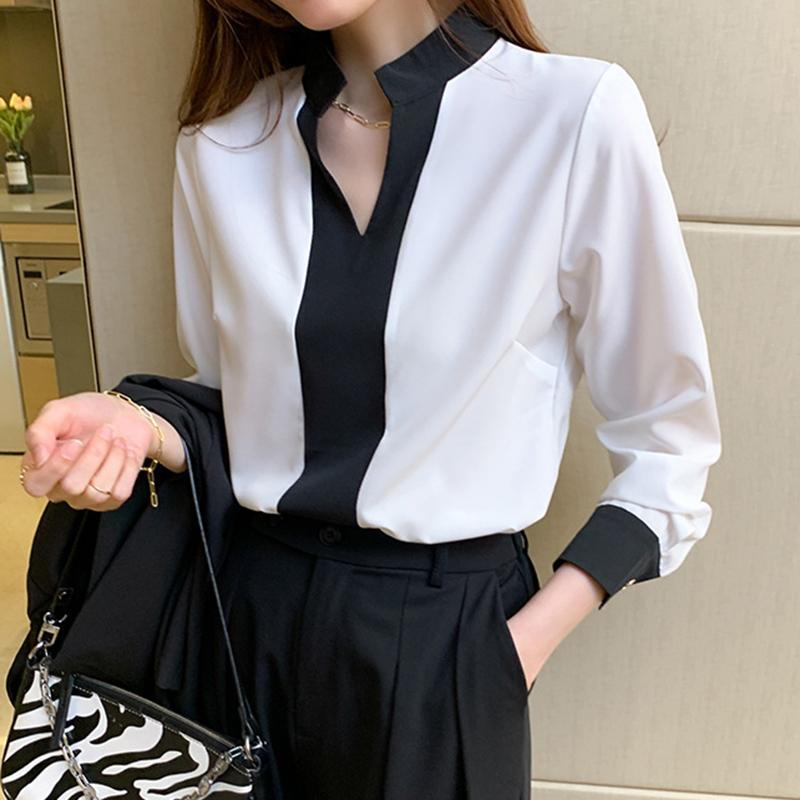 

Весенние новые свободные белые рубашки с V-образным вырезом для поездок на работу, женские повседневные блузки с длинным рукавом для офиса и леди, элегантные модные простые однотонные рубашки F8028 XXL белый