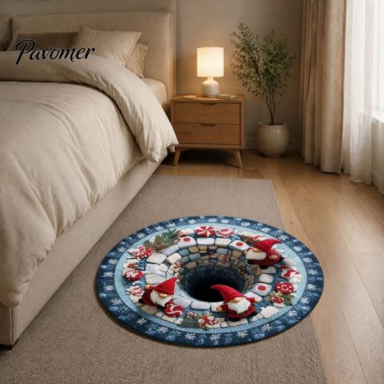 Round Christmas Area Rug Rug, 3D Optical Illusion Floor Mat with Santa Candy Cane Print, Non-Slip Stain Resistant Carpet for Living Room Bedroom