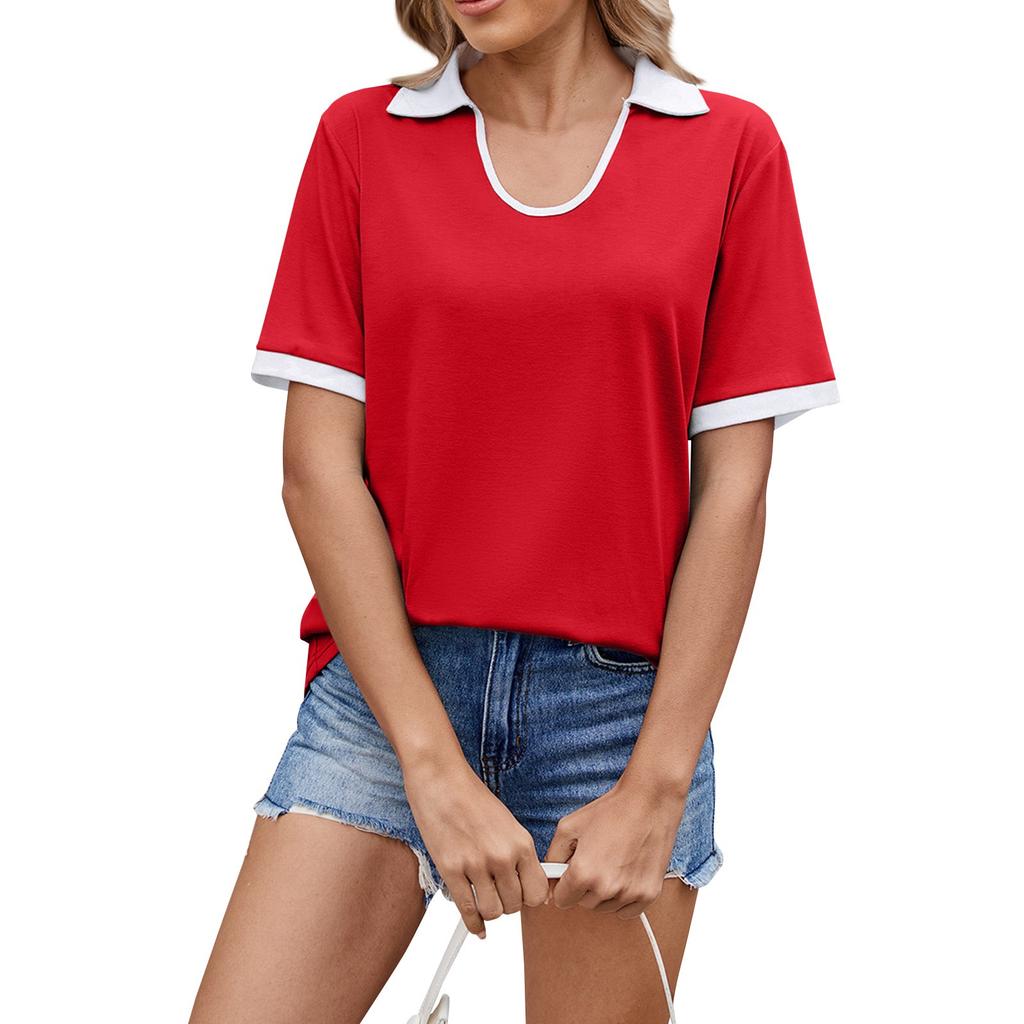 Women Short Sleeve Polo Collar T Shirt Contrast Trim Relaxed Fit Pullover Top Comfortable Soft Fabric Casual Style