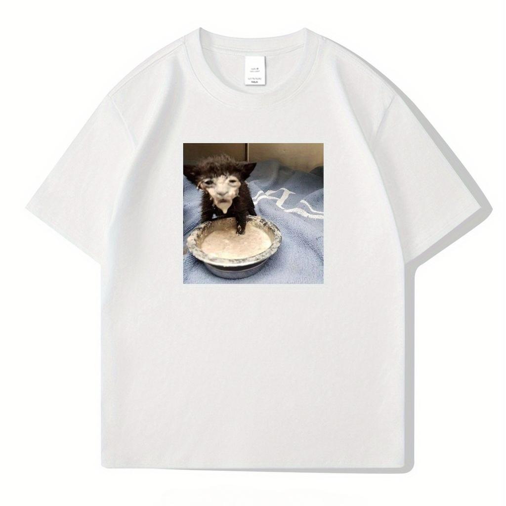 Men Cotton Casual Short Sleeve T-Shirt with Cute Kitten Ice Cream Cartoon Print Summer Round Neck Tee Machine Washable