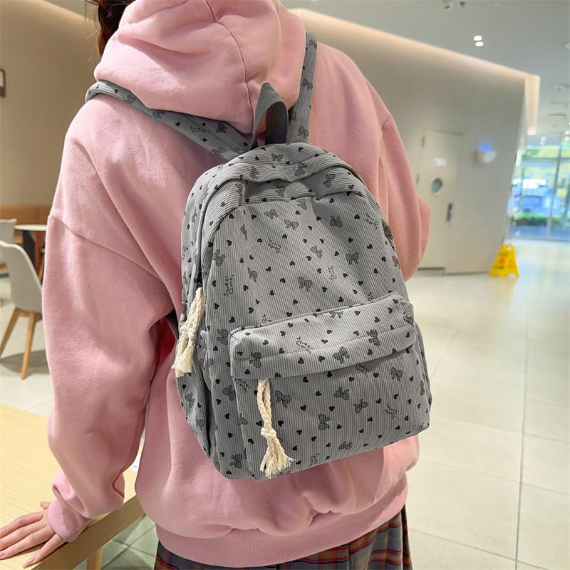 Women's Corduroy Backpack Large Capacity Bow Student Schoolbag