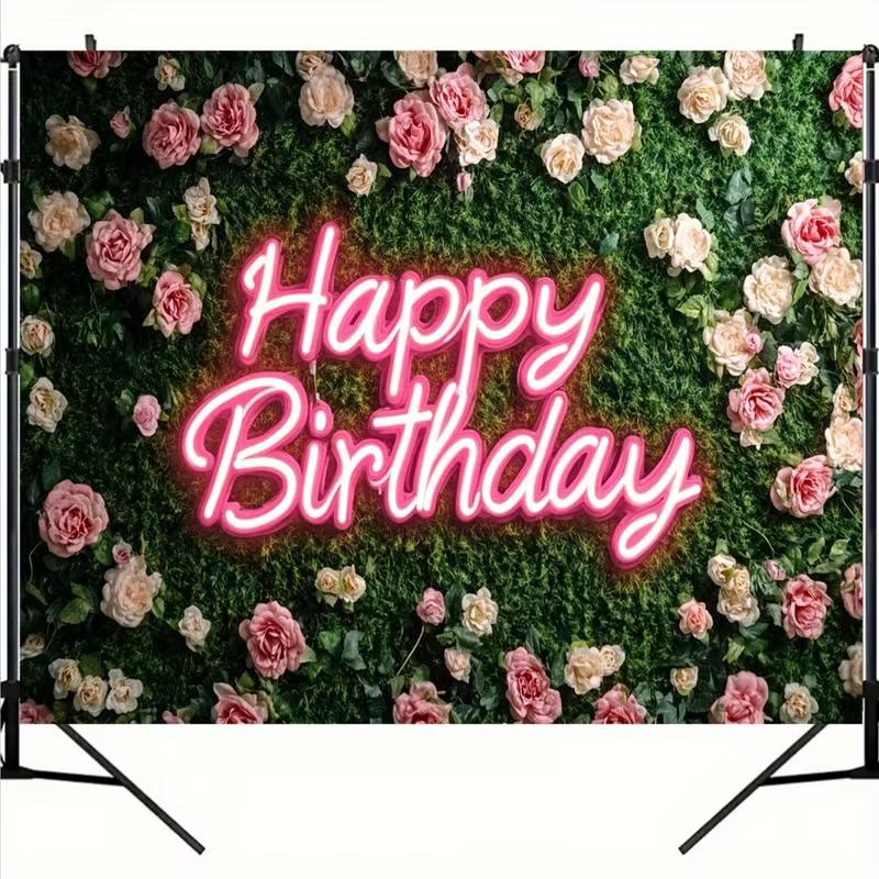 

2D Flower Wall Happy Birthday Backdrop, Pink Neon Party Photography Background Cloth 47.2x31.5inch/120*80cm