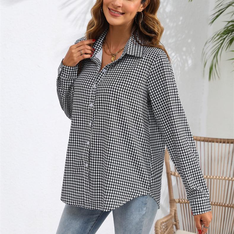 Abbigliamento da Donna Top Stampati per Primavera Autunno Colletti a Revers Camicetta a Quadri Camicia da Donna Larga Casual a Maniche Lunghe
