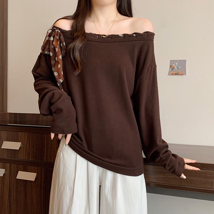 Plus Size Women s Sweet Retro Off-Shoulder Tie-Up Long-Sleeve Top 3XL кофейный