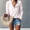 Women's Fashion V-Neck Pullover Button Long Sleeve Solid Color Slim Top