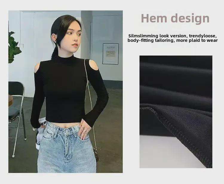 Women's Black Off-Shoulder Long Sleeve Crop Tops - Autumn/Winter High Collar Cotton Fashion T-Shirts