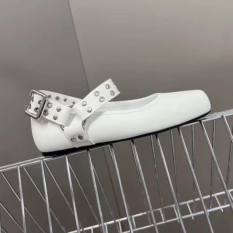 Leather Rivet Belt Buckle Square Head Shallow Mouth Flat Bottom Ballet Shoes Women's 2025 Spring Small Leather Shoes Mary Jane Single Shoes