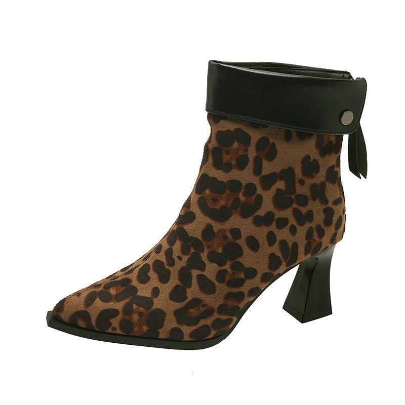 Korean Style Women’s High Heel Suede Boots - Autumn/Winter 2025: Versatile Chunky Heel, Pointed Toe, Leopard Print