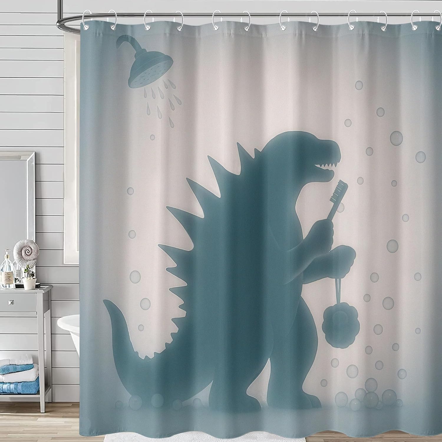 Funny Dinosaur Shower Curtain Fun Cool Japanese Monster Shower Curtains for Bathroom Kids Boys Cartoon Dino Silhouette Shadow 90x180CM