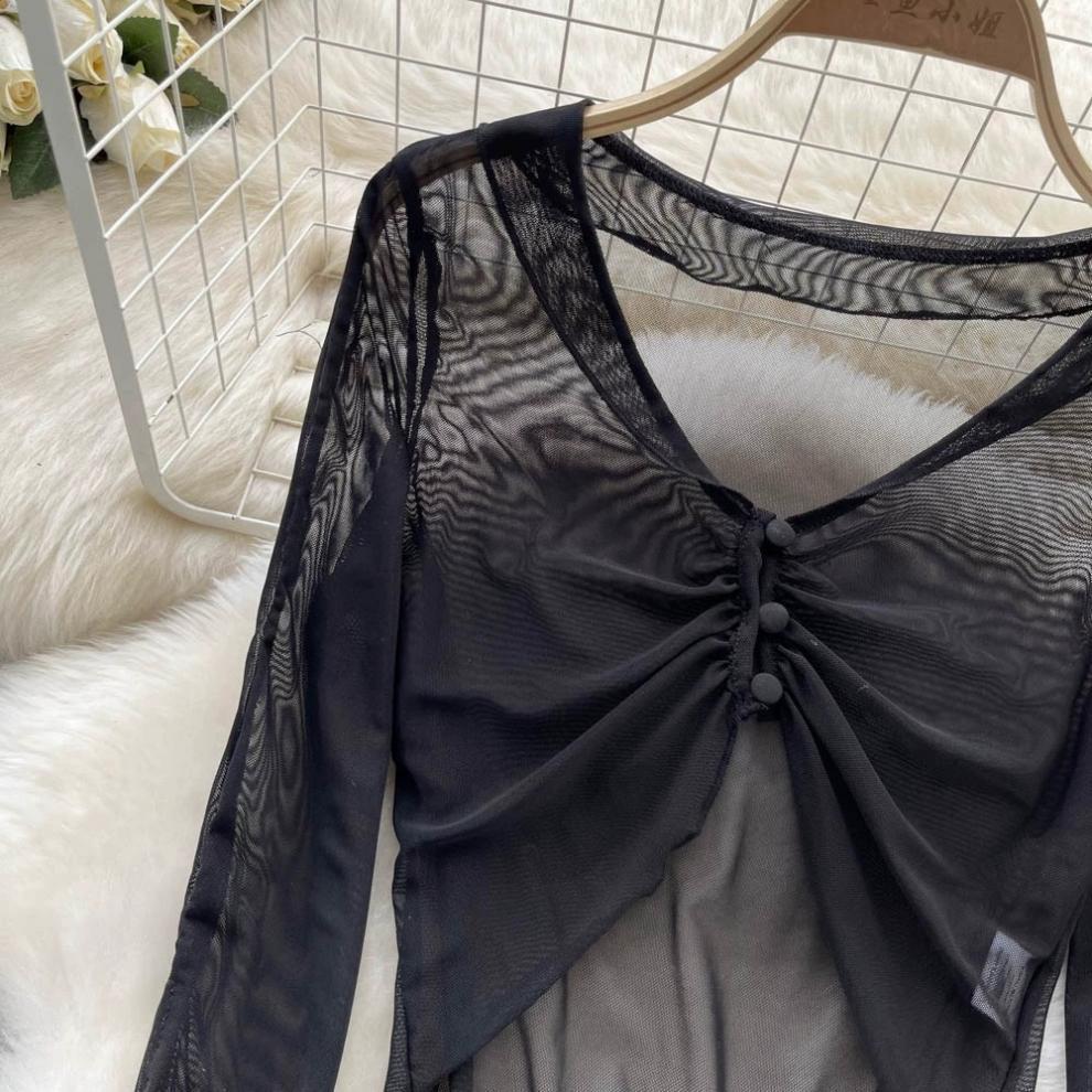 Summer Spicy Sheer Mesh Long Sleeve Cropped Top - Petite Women's Unique Design