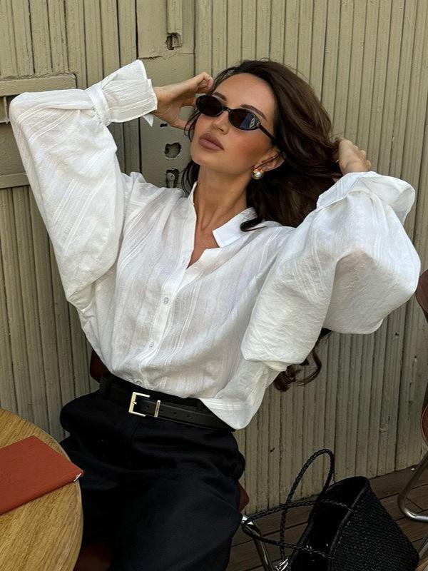 

2025 Spring/Fall Women s Plus Size Sweet Loose Long Sleeve Stand Collar Shirt L белый