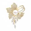 Floral Tassel Brooch with Micro Pave Zircon Copper Base Thick Gold Plating Imitation Pearl Pin for Suit Dress Accessories