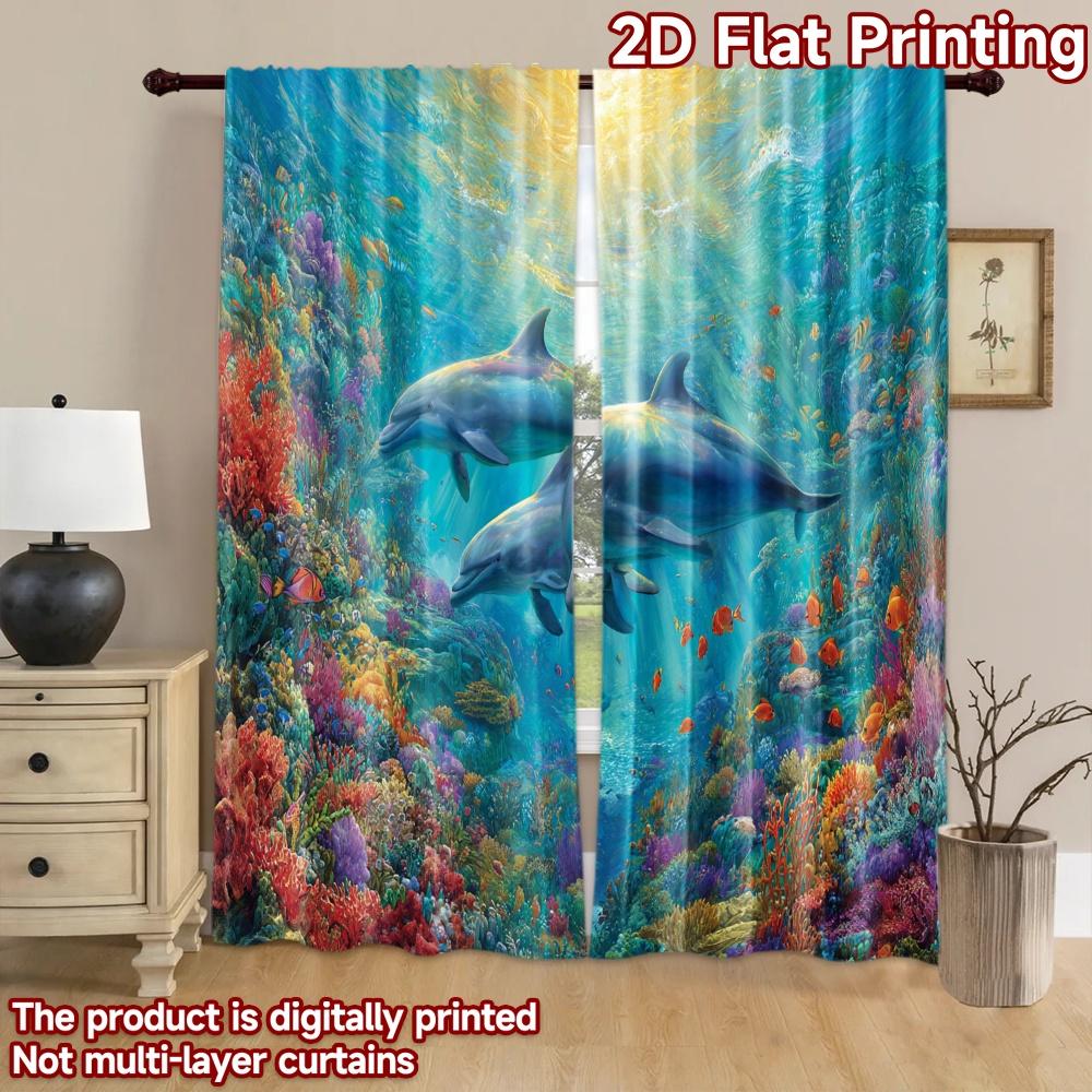 2D Flat Printing 2pcs Curtain Dolphins Coral Reef Ocean Digital Printed Polyester Drapes Festive Holiday Perfect for Photo