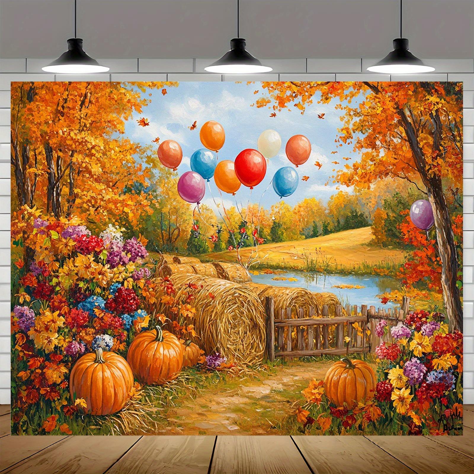 Background 1 piece - A scene full of autumn charm featuring balloons pumpkins and autumn leaves - autumn decoration 130x150cm