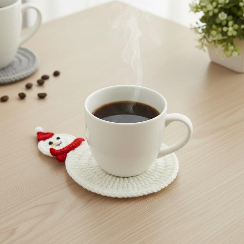 Christmas Tree Snowman Pattern Knitted Cup Mat Handmade Coffee Mug Pad Coffee Table