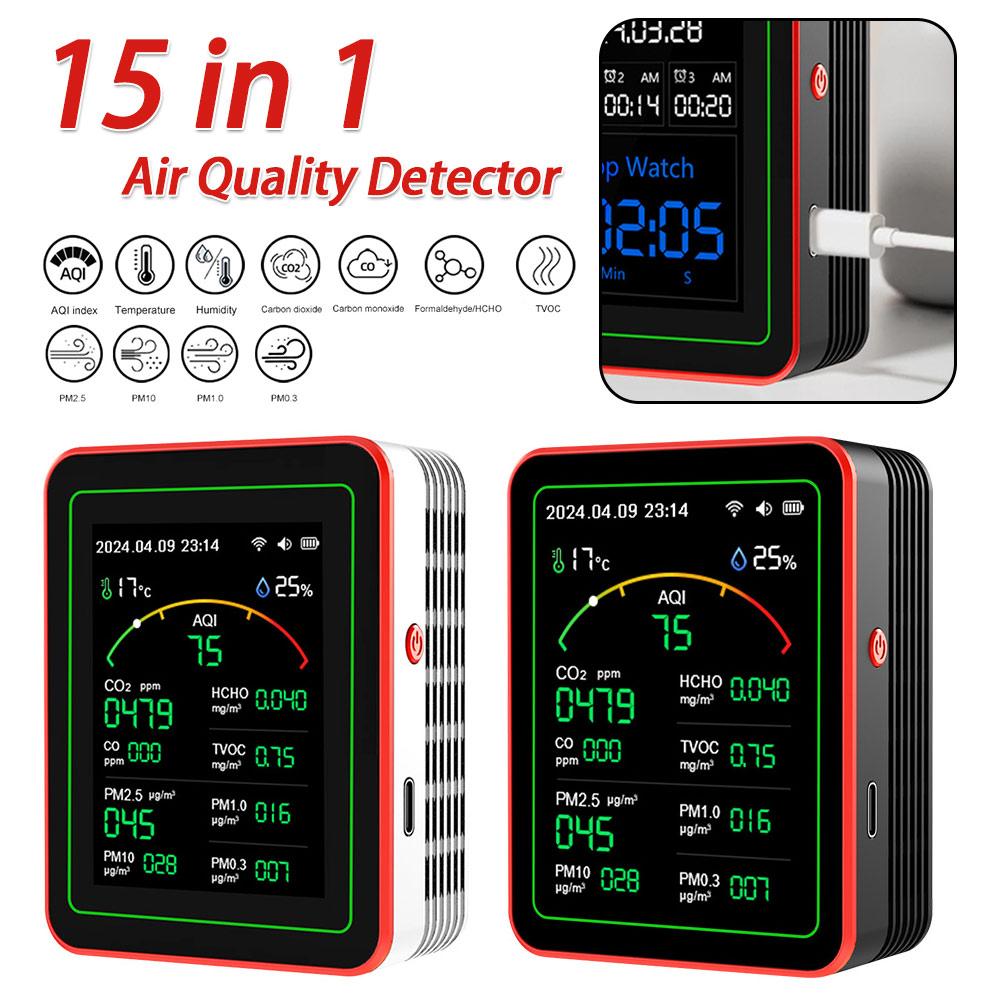 WiFi 15-in-1 Portable AQI PM0.3 PM1.0 PM2.5 PM10 Tester TFT Display Household CO CO2 TVOC HCHO Tester APP Control CO2 Detector