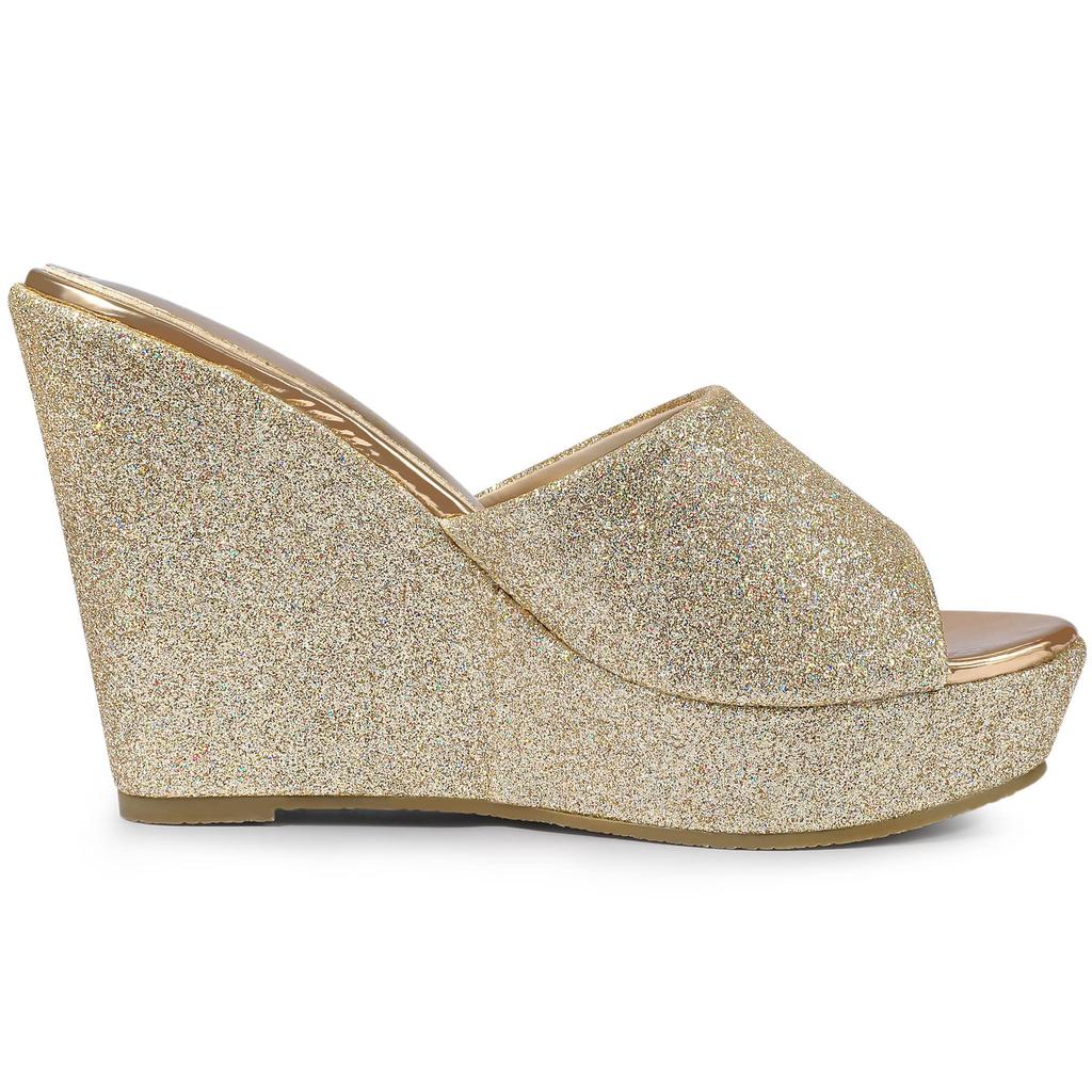 Allegra K Women's Open-Toe Wedge Heel Sandals with Glitter Platform Slip-On, Gold, Size 25.0cm
