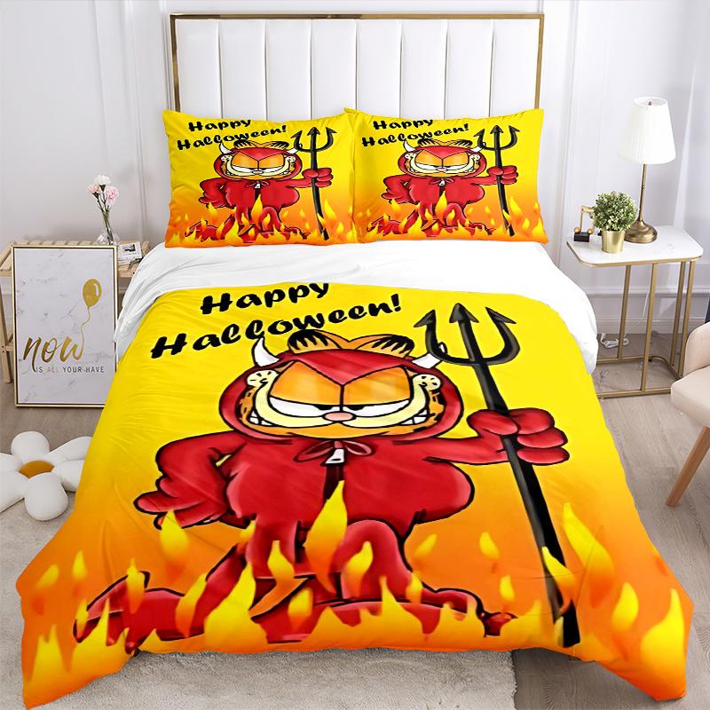 3-teiliges Garfield als Teufel bedrucktes Bettwäsche-Set, weiche und bequeme Bettbezug für Schlafzimmer, Gästezimmer (1 Bettbezug + 2 Kissenbezüge, Kissen