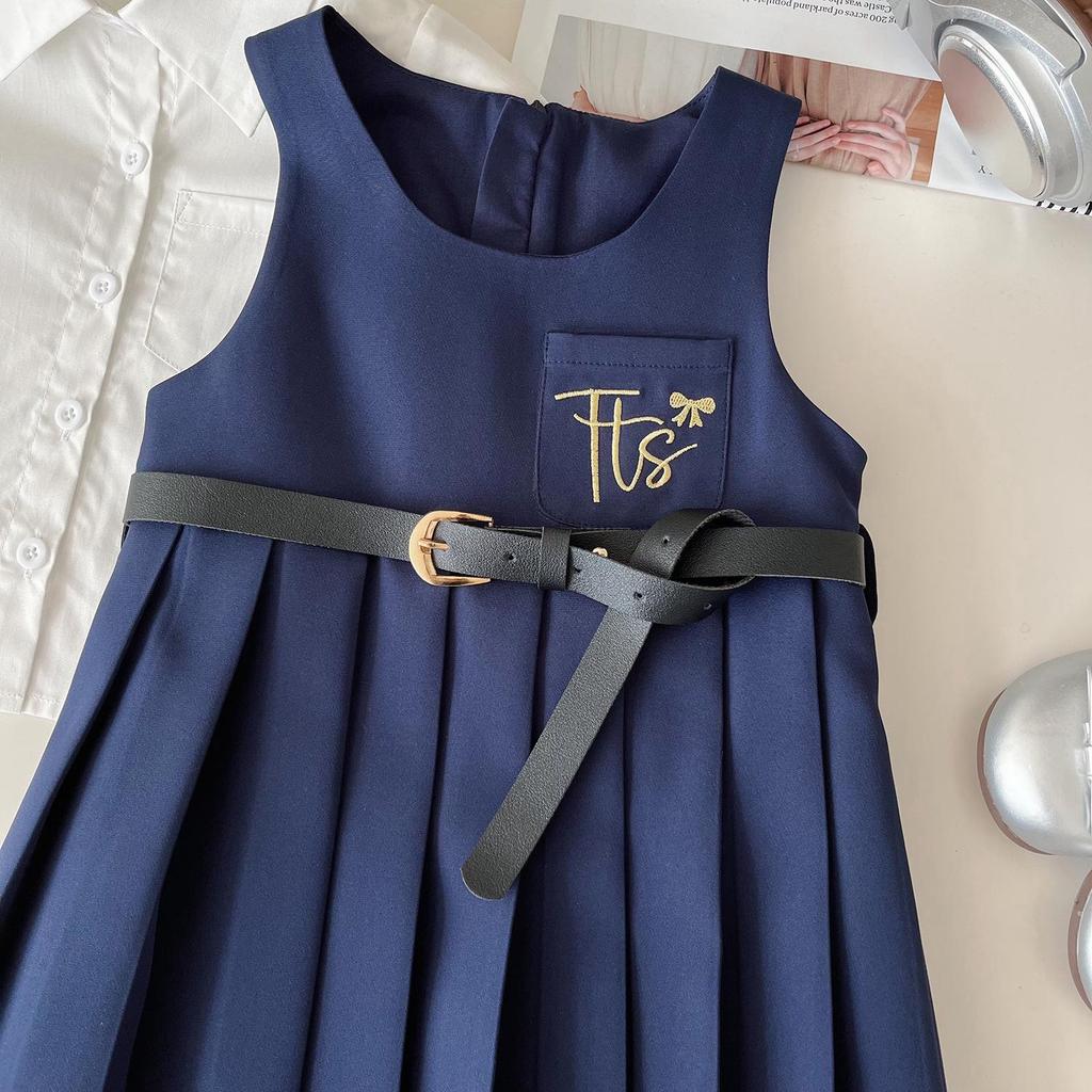 Girls' College Style Embroidered Vest & Pleated Dress with Long Sleeve Shirt