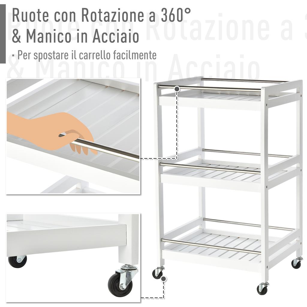 Wooden Kitchen Serving Trolley with 3 Shelves and Wheels, 45x38x78cm, White