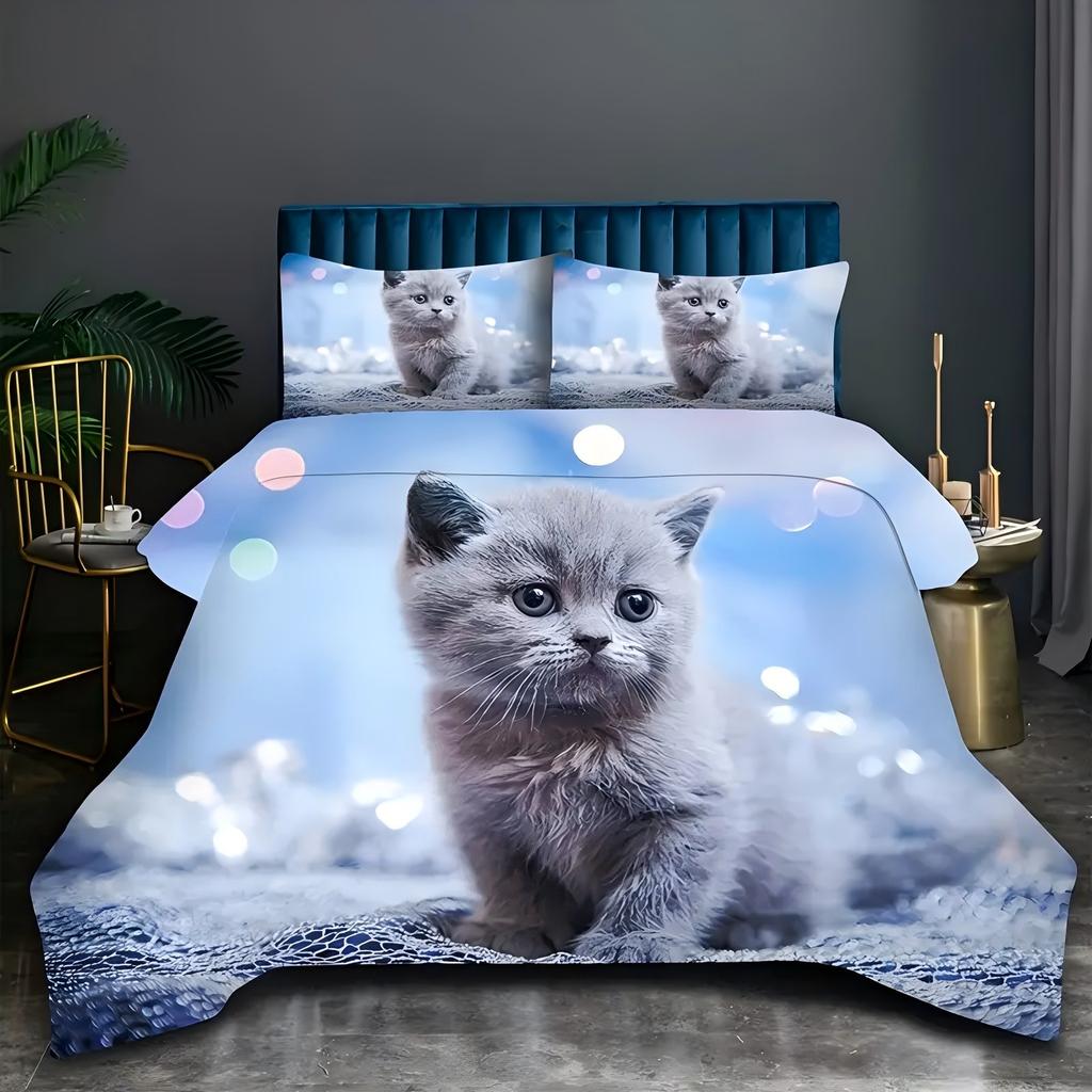 Cute Kitten 3D Printed Duvet Cover Set Soft Comfortable Polyester Luxury Bedding Set Cute Animal Style Quilt Cover Pillowcases