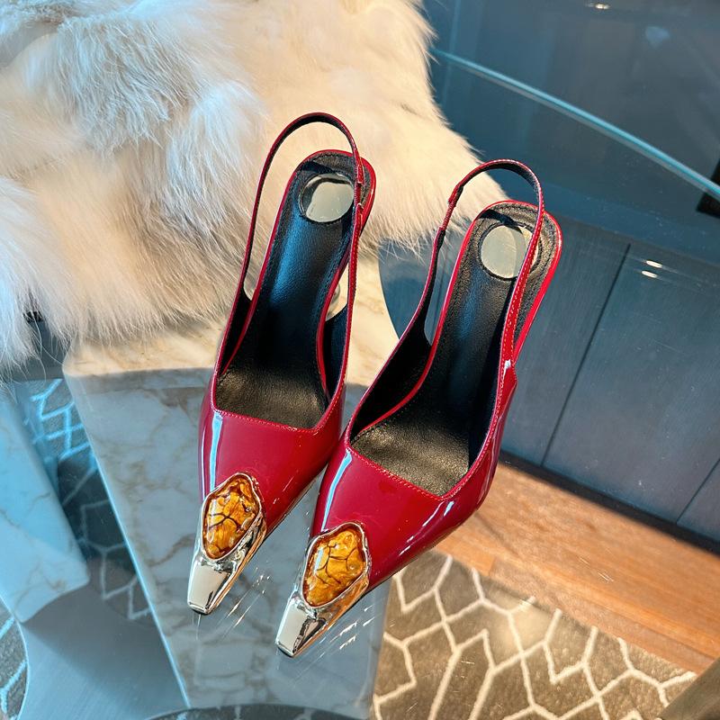 High heels women's new autumn and winter metal square head thin heel gem royal sister sexy and beautiful temperament single shoes red