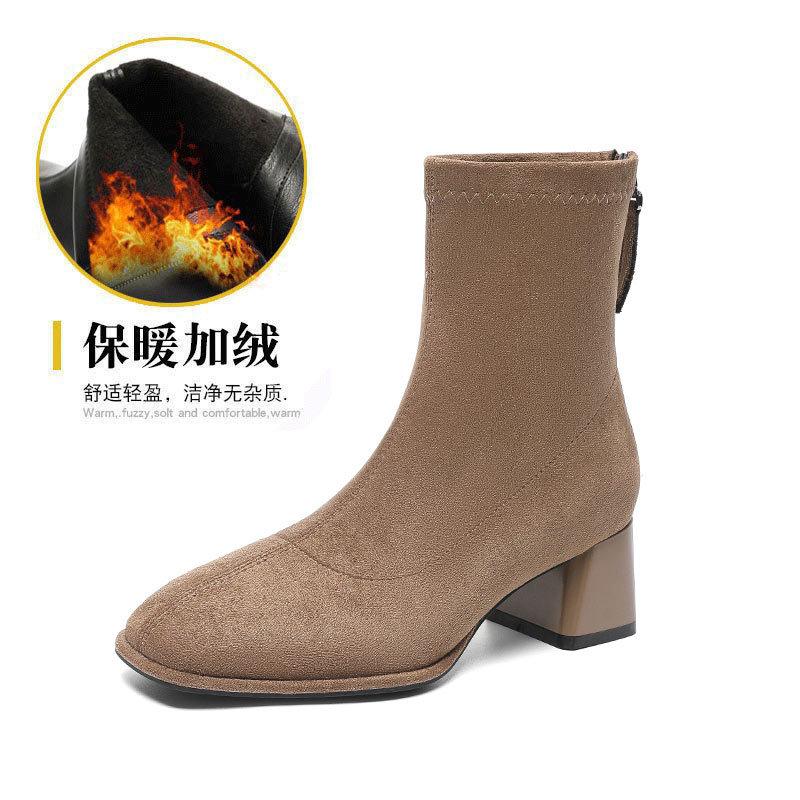 

Короткие ботильоны на толстом каблуке женские ретро 2024 осень и зима новые эластичные полусапожки черная замша квадратный носок тонкие маленькие короткие ботильоны 40