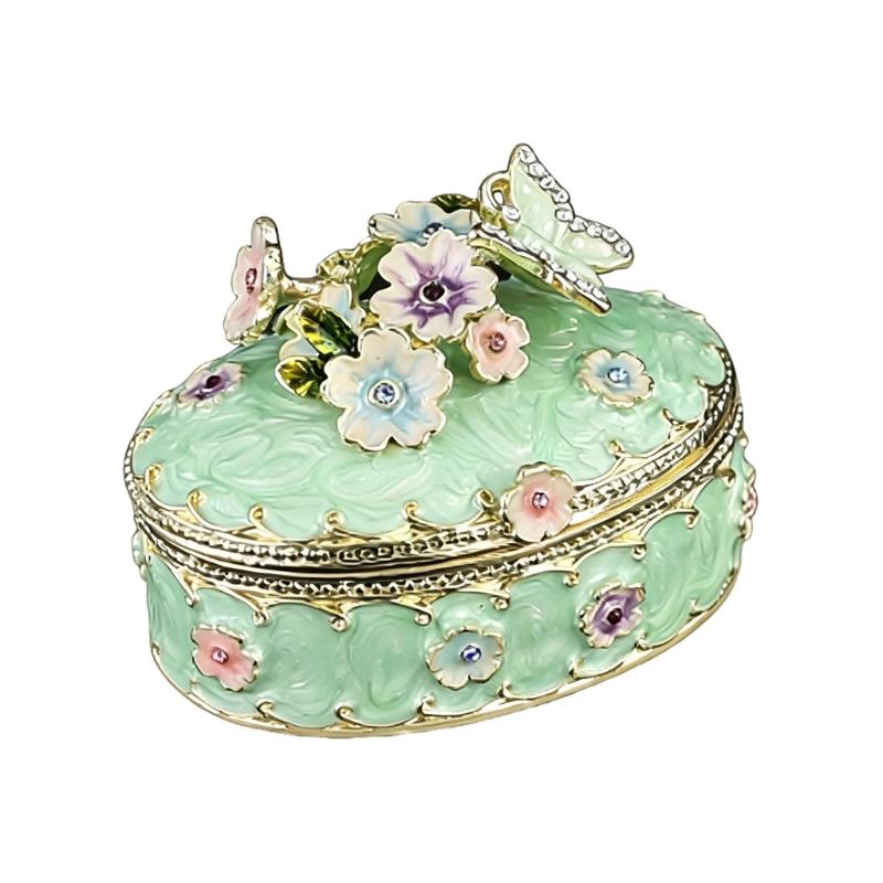

Elegant Enamel Cherry Florals Oval Jewelry Box For Rings And Small Accessories Metal Storage Case зелений