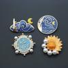 Pintura al óleo de Van Gogh flor de albaricoque, luna estrellada, girasol broche de aleación, insignia antigua con incrustaciones de diamantes y perlas