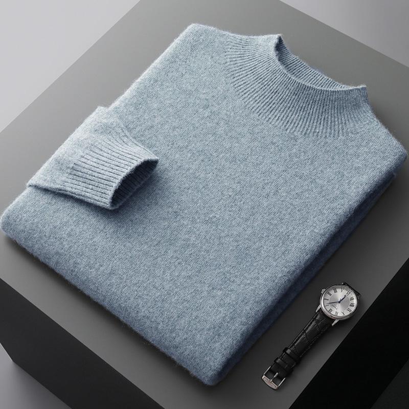 Men's Pure Wool Half-High Collar Solid Color Pullover Sweater - Loose, Plus Size, Warm Knitwear