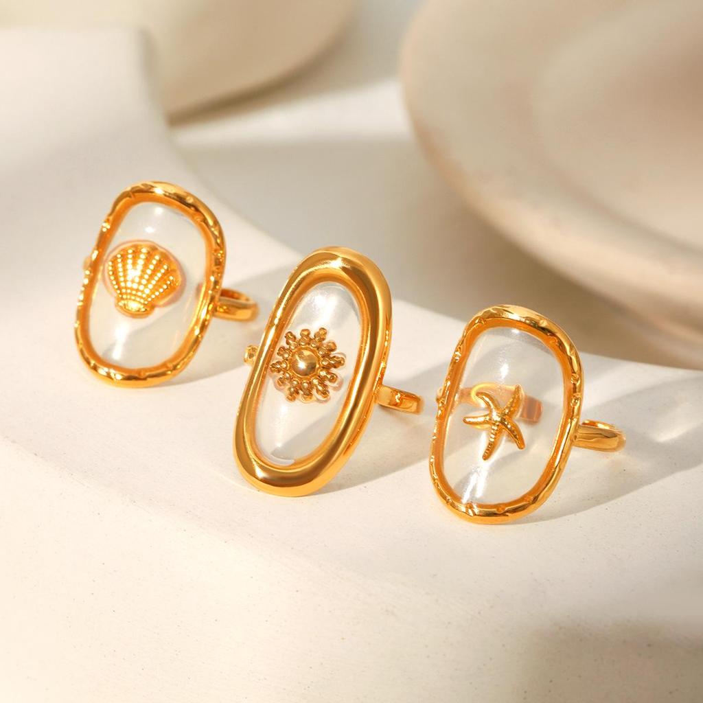 Luxurious European-American 18k Gold Titanium Steel Seashell Epoxy Open Ring for Women