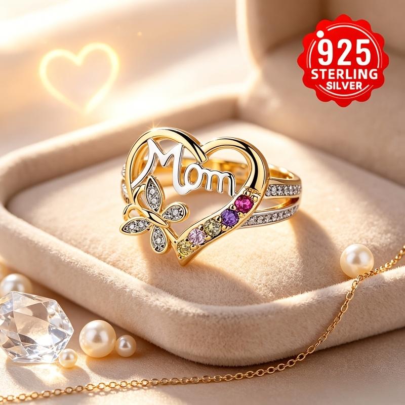 Ladies KC Gold-plated925Sterling silver mother's ring with hollow heart and butterfly design, colorful zircon, fashionable wide band, double row of