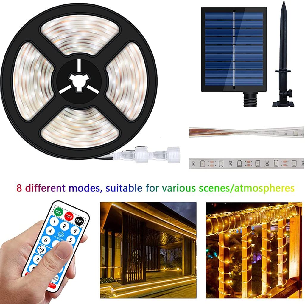 Solar Powered Multi Color or Warm White LED Strip Lights Outdoor, Remote with 8 Lighting Modes, IP67 Waterproof for Garden House