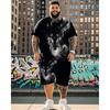 S-6XL Duże Rozmiary Męski Luźny Krój, Wilk, Księżyc i Płomień Nadruk 3D Zestaw T-shirt i Szorty, Codzienny Streetwear