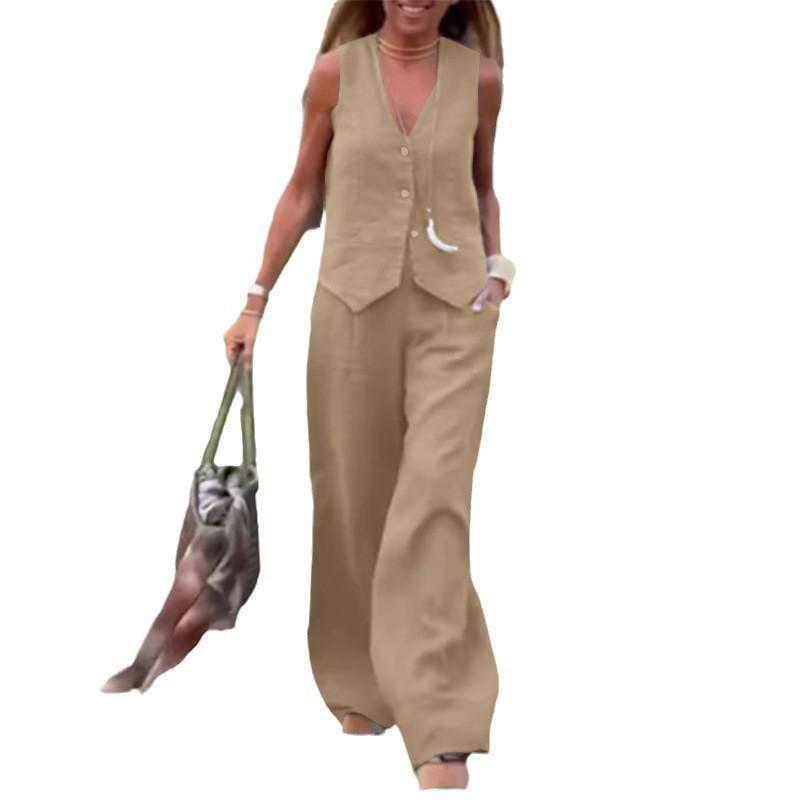 2025 Women's Fashion: European & American Solid Color Vest and Long Pants Two-Piece Casual Set