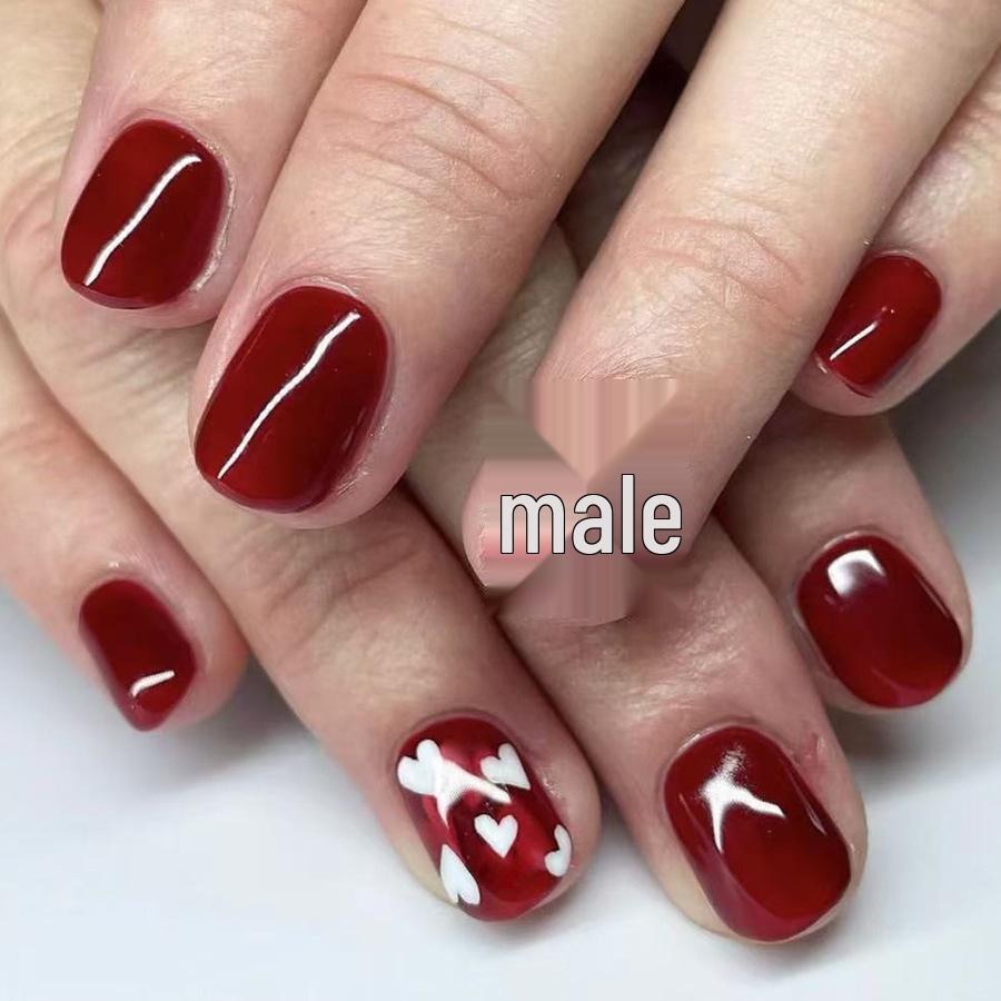 

Wine Red Heart Glossy European Square False Nails - 24 Pieces