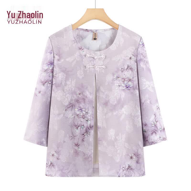YUZHAOLIN Women s Summer Chinese Style Faux Two-Piece Blouse 2XL