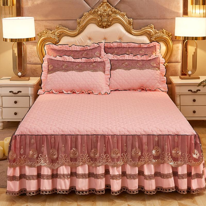 

Приятная для кожи матовая юбка-кровать, толстое стеганое кружевное покрывало, доступный роскошный стиль, нескользящий матрас, защитный чехол, постельные принадлежности 1.8*2.0m 3pcs