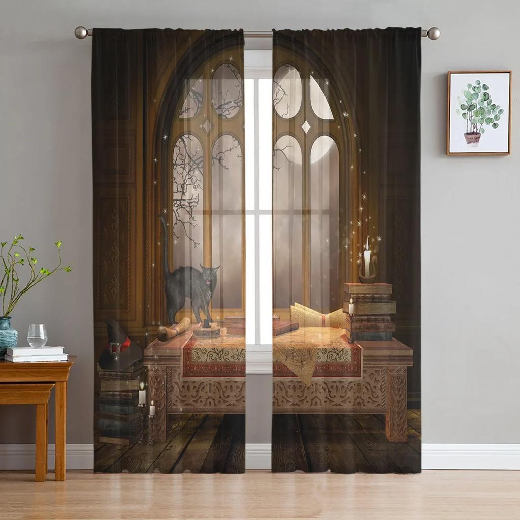Castle Window Desk Moon Cat Book Sheer Window Drapes for Living Room the Bedroom Contemporary Curtains Curtain Panels