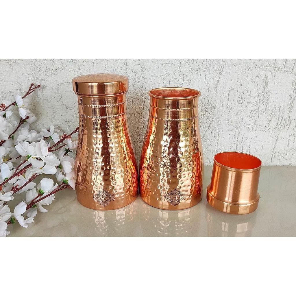 Pure Copper Bedroom Water Bottle with Inbuilt Glass, Hammered Shine Design, Drinkware and Storage Purpose, 1 Litre (Pack of 2)